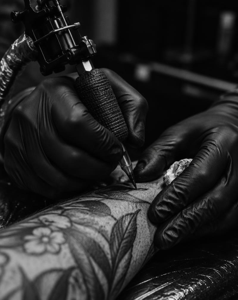 Immagine illustrativa di mani al lavoro con una macchina per tatuaggi