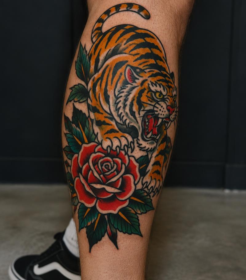 Immagine illustrativa di una tigre e una rosa tatuate sul polpaccio